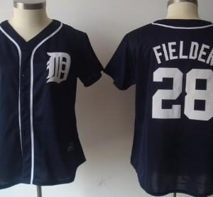 Women's detroit tigers 28 fielder navy stitched mlb jersey.