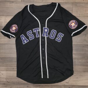 A black baseball jersey with the houston astros logo on it.