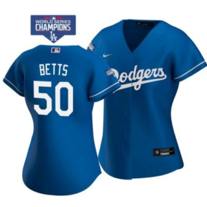 Nike women's los angeles dodgers 50 betts royal mlb world series champions jersey.