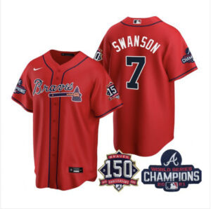 Atlanta Braves 7 Shane Swanson Red 2019 MLB World Series Champions.
