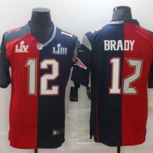 A pair of new england patriots 12 brady red jerseys.