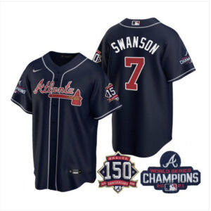 Atlanta Braves #7 Dansby Swanson Navy Stitched Nike 2021 WS Champion 150th Anniversary Jersey