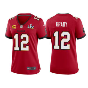 Ladies Tampa Bay Buccaneers 12 Tom Brady Red Super Bowl LV Captain Patch Vapor Limited Ladies Jersey