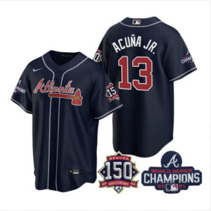 Ladies Atlanta Braves #13 Ronald Acuna Jr. Navy Stitched Nike 2021 WS Champion 150th Anniversary Jersey